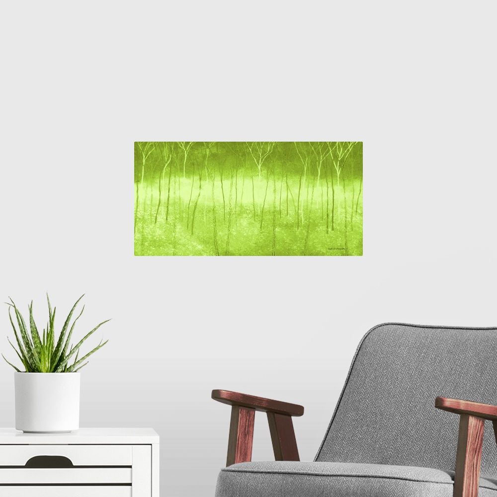 A modern room featuring Lime green landscape painting of a foggy forest with thin trees all over.