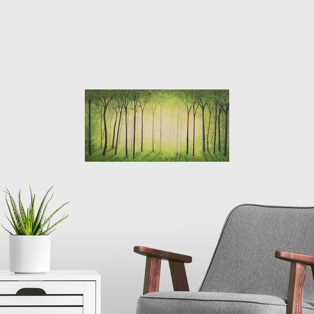 A modern room featuring Contemporary landscape painting of a green forest with golden light shining through the center.
