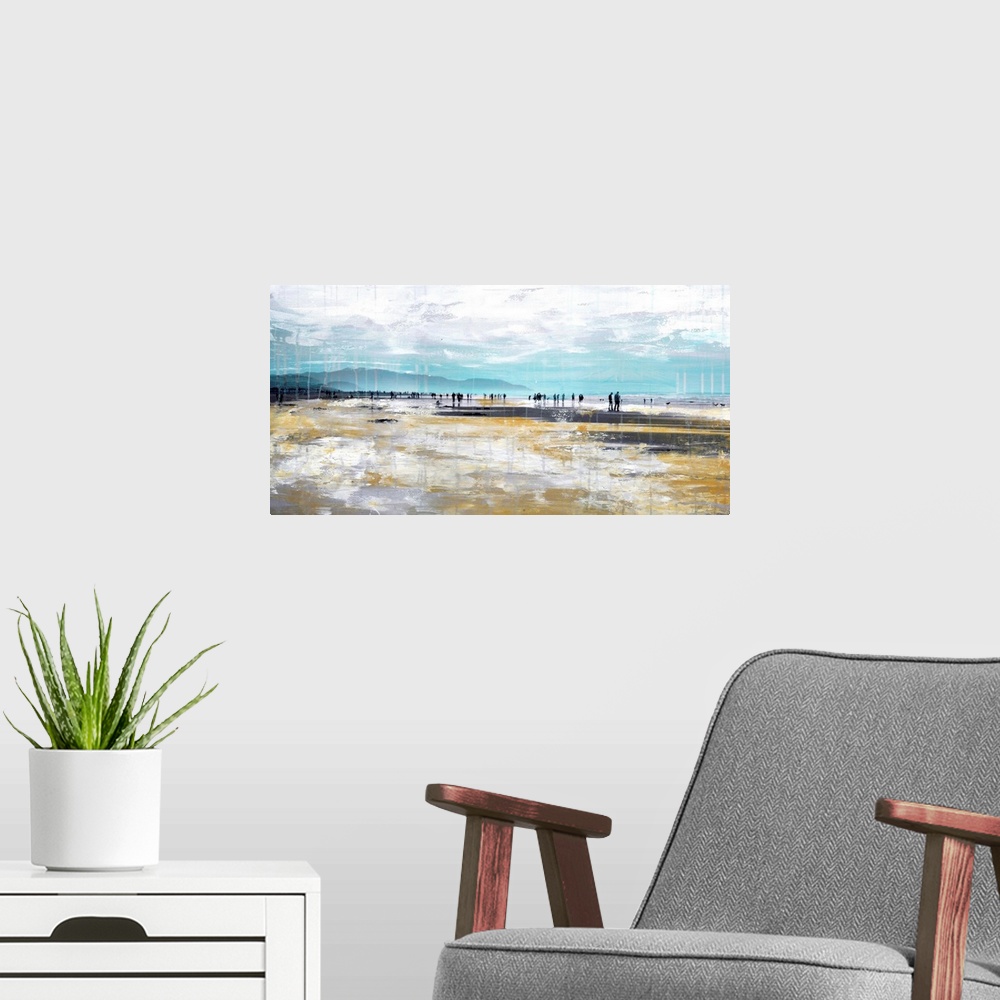 A modern room featuring A panoramic mixed media artwork of people walking along a beach.