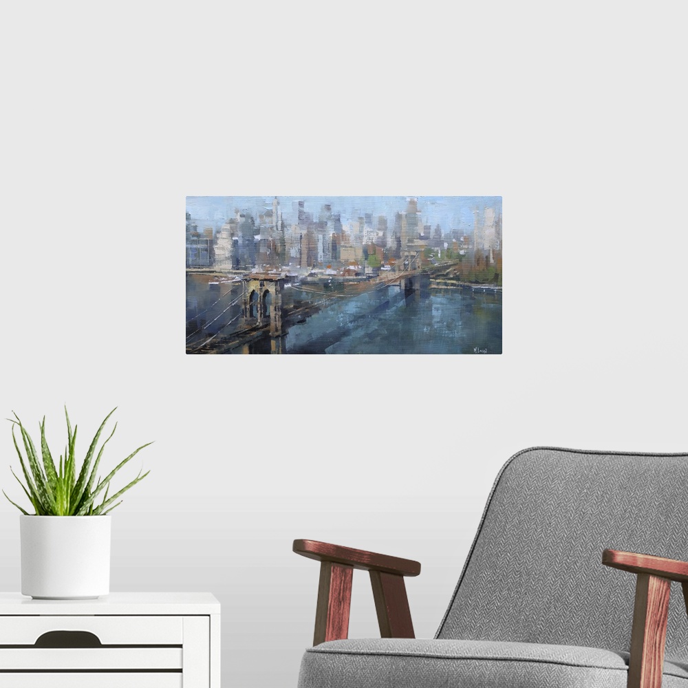 A modern room featuring Painting of the New York City skyline with the Brooklyn Bridge in the foreground.