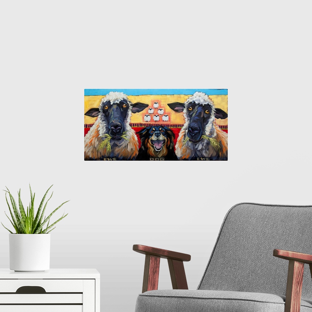 A modern room featuring Thick brush strokes create a humorous scene of two sheep and a smiling dog.