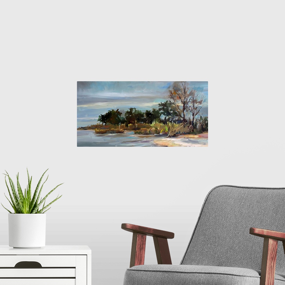 A modern room featuring A contemporary painting of a landscape in the winter.