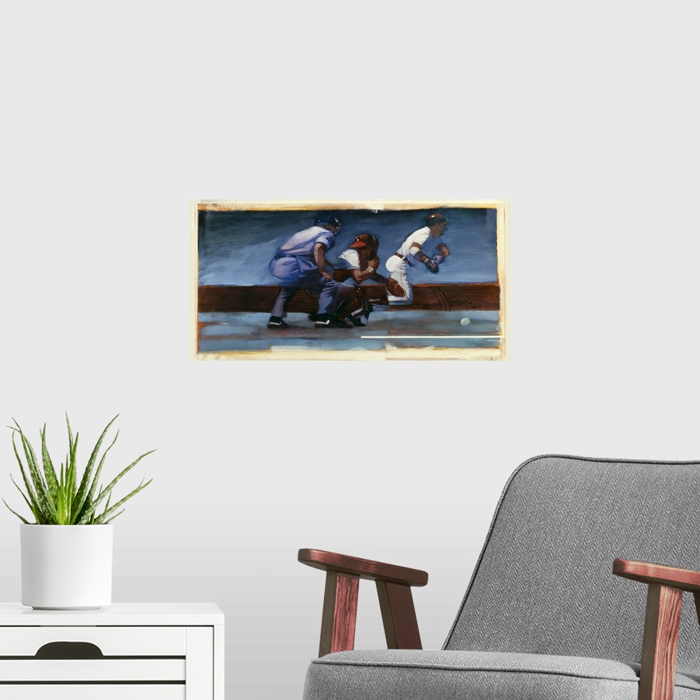 A modern room featuring Fine art sports painting of a baseball player at bat by Bruce Dean.