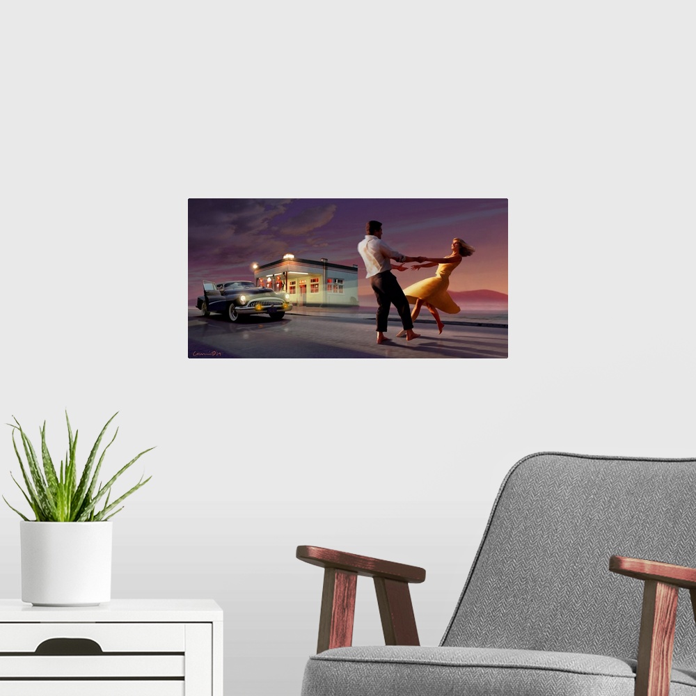 A modern room featuring Contemporary artwork of a couple dancing at a vintage gas station after the sun has set.