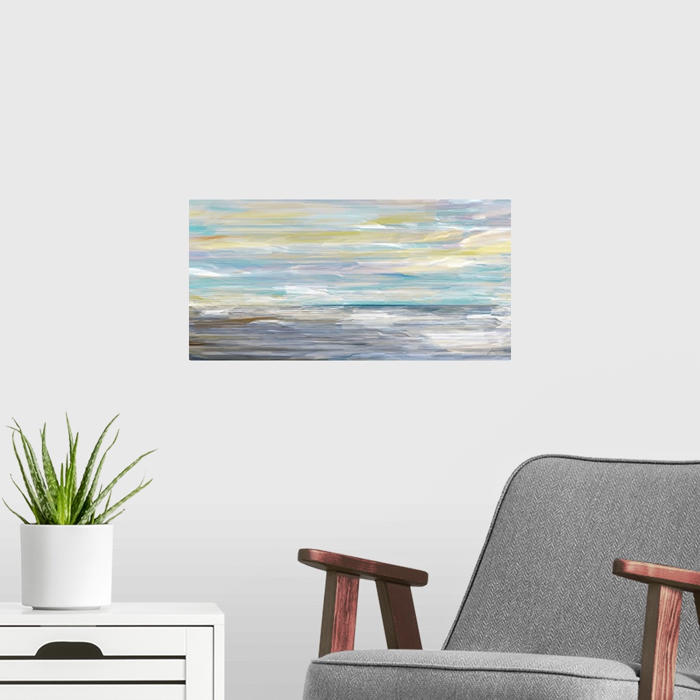 A modern room featuring An abstract seascape horizon in soft colors.