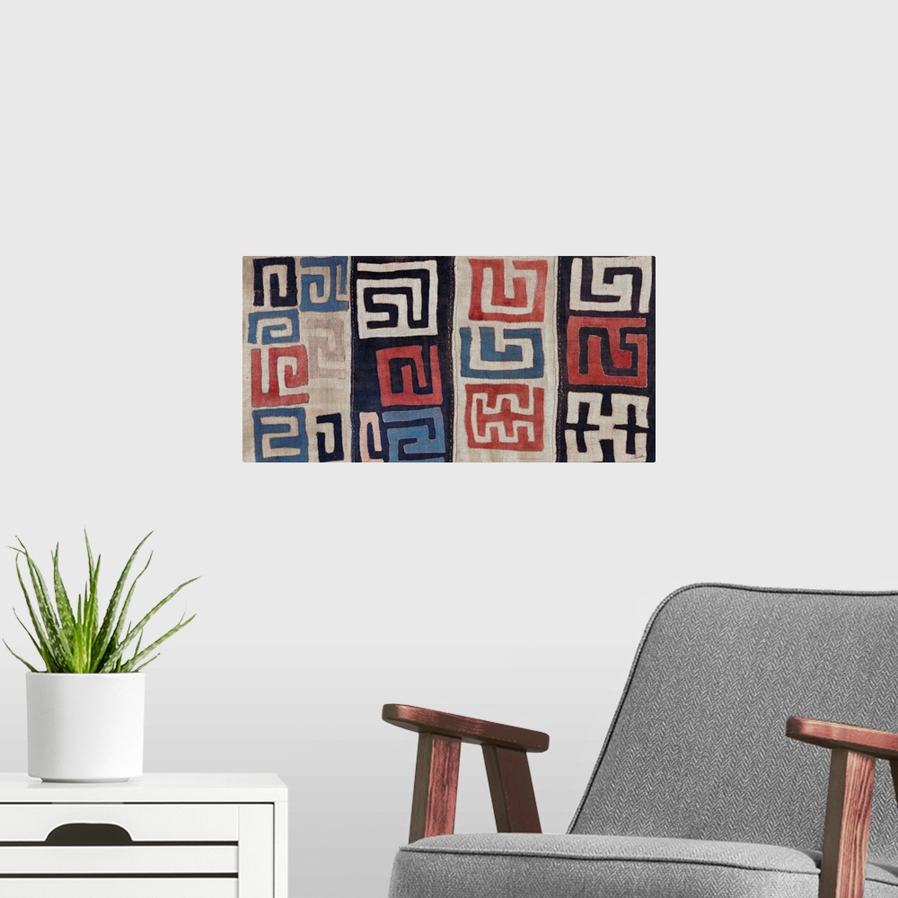 A modern room featuring Details of woven Kuba cloth patterns.