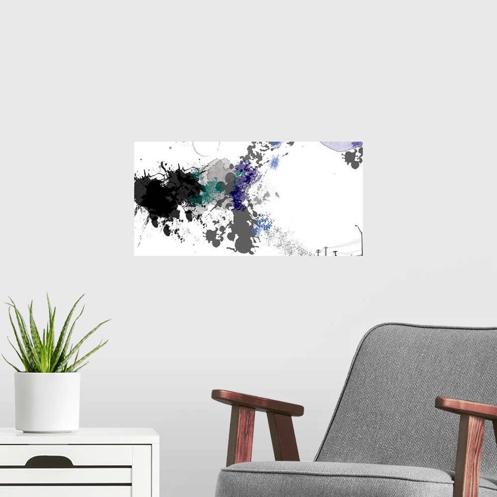 A modern room featuring Wide abstract painting of paint splatters, silhouettes of power lines, and street lights.