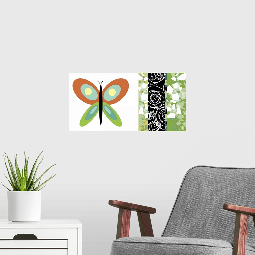 A modern room featuring A butterfly mixes with an array of colors and textures. This piece pairs up nicely with Fly Away ...