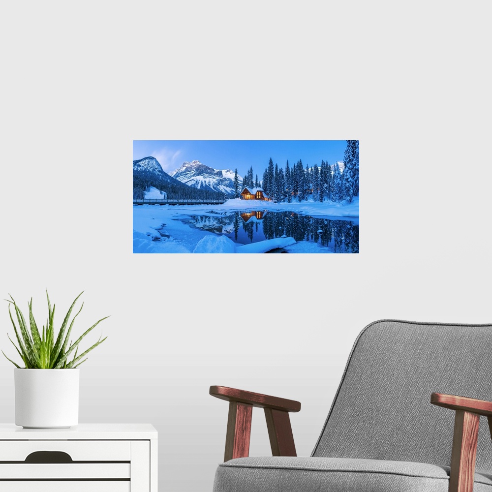 A modern room featuring Chalet in Winter, Emerald Lake, British Columbia, Canada.