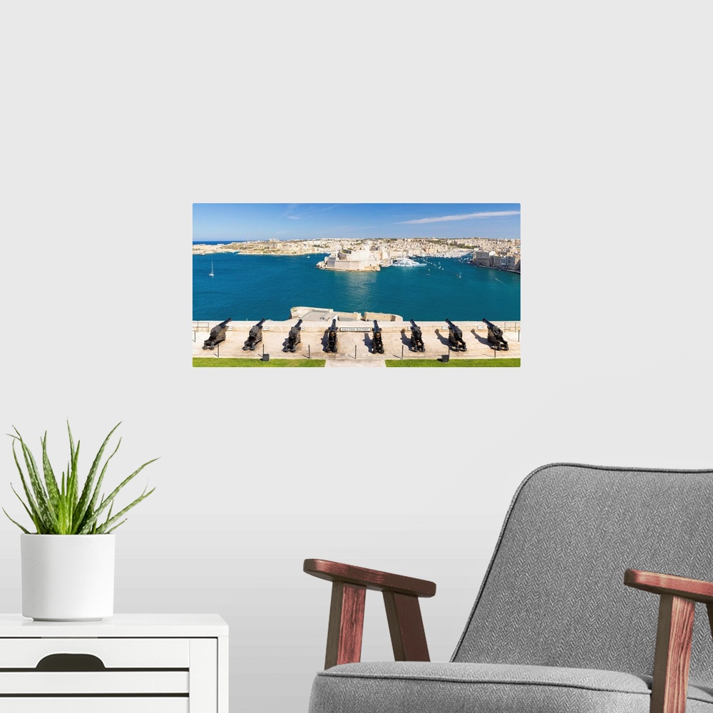 A modern room featuring Malta, South Eastern Region, Valletta. The view across Grand Harbour to  the Three Cities from th...