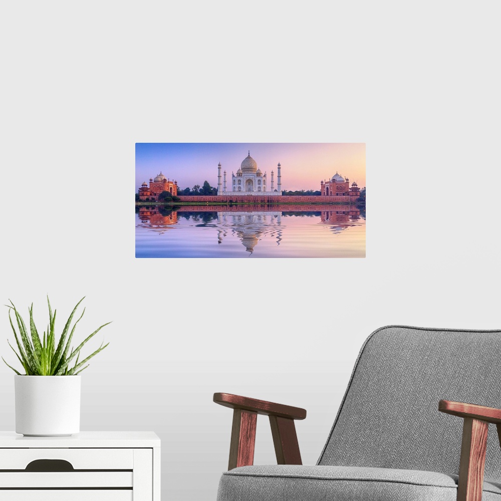 A modern room featuring India, The Taj Mahal Mausoleum Reflecting In The Yamuna River At Sunset