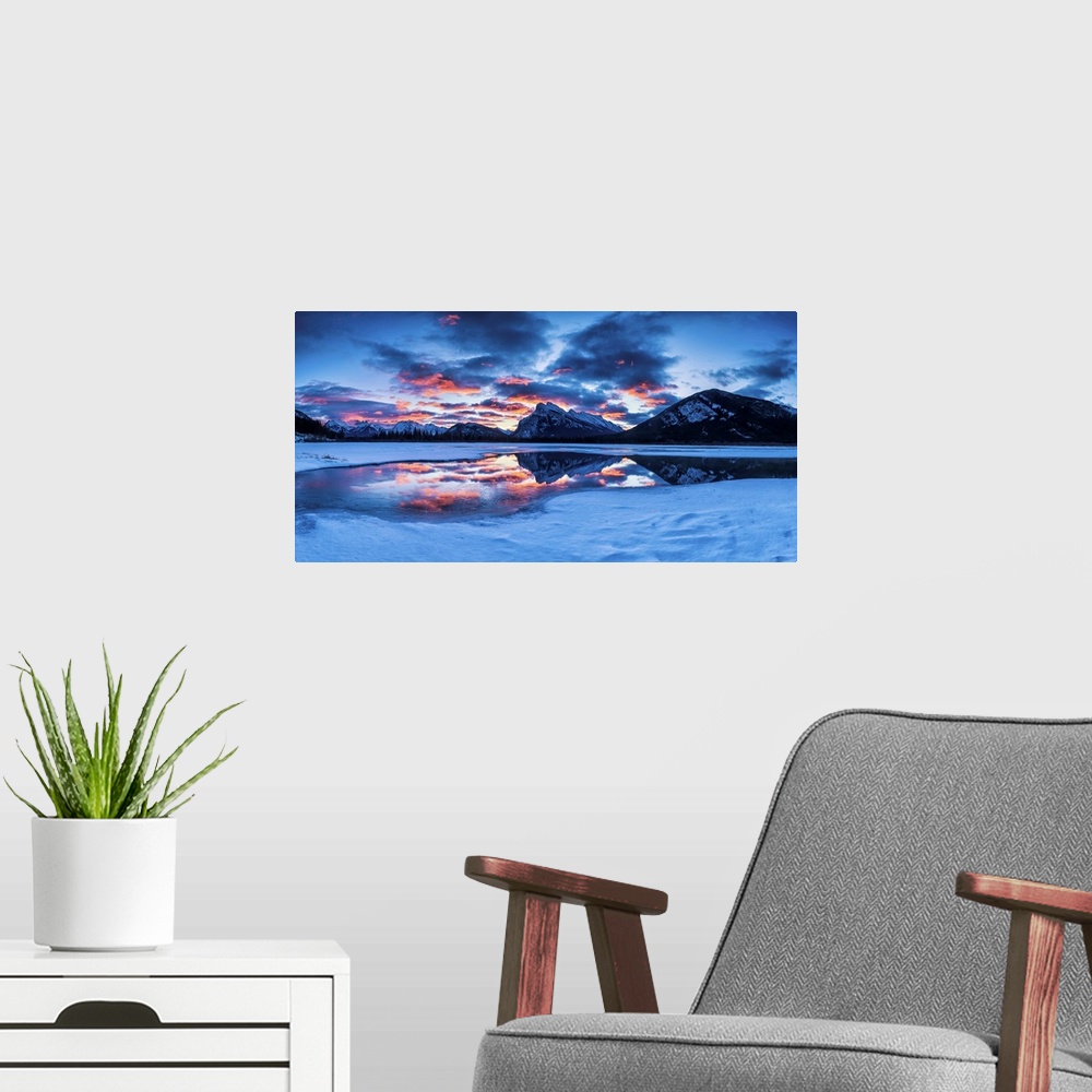 A modern room featuring Mt. Rundle Reflecting In Vermillion Lakes At Sunrise, Banff National Park, Alberta, Canada