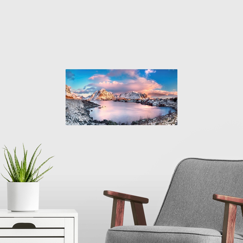 A modern room featuring Reine, Lofoten Islands, Norway; Panoramic photo of Reine.
