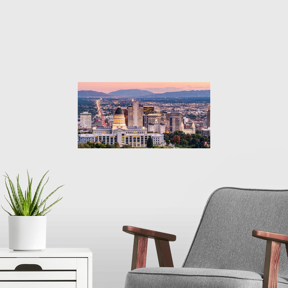 A modern room featuring State Capital building and skyline of Salt Lake City, Utah, USA.
