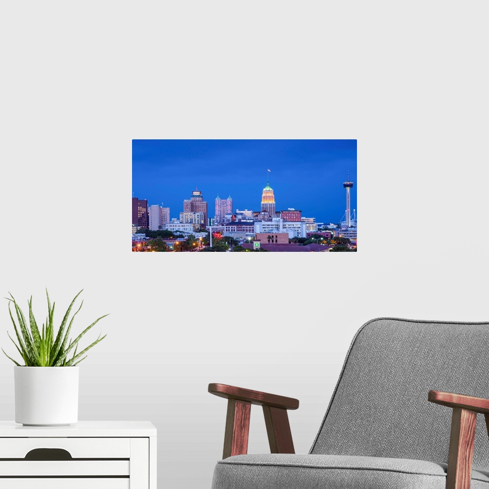 A modern room featuring Texas, San Antonio, Skyline, Illuminated Tower Life Building, Tower Of The Americas Observation T...