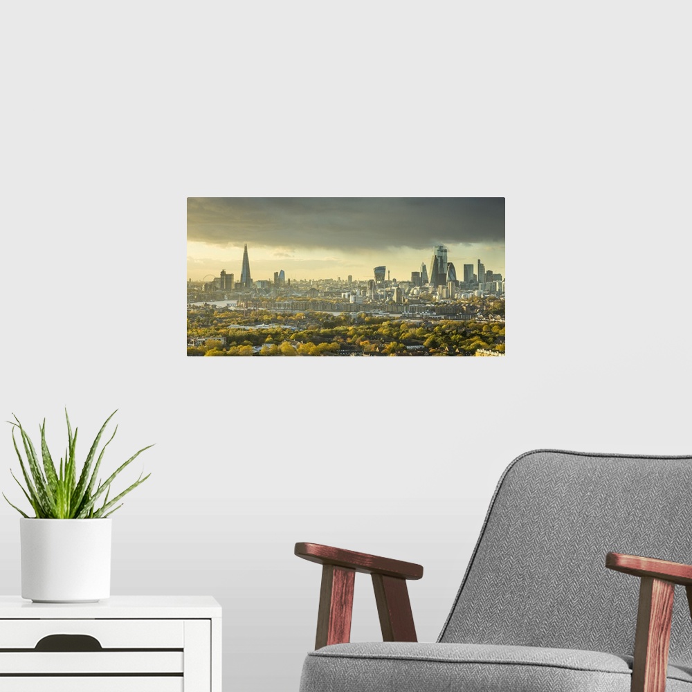 A modern room featuring The Shard & City of London skyline from Canary Wharf, London, England