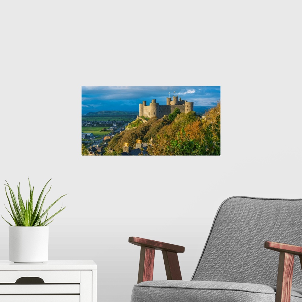 A modern room featuring Uk, Wales, Gwynedd, Harlech, Harlech Castle, Mountains Of Snowdonia National Park Beyond