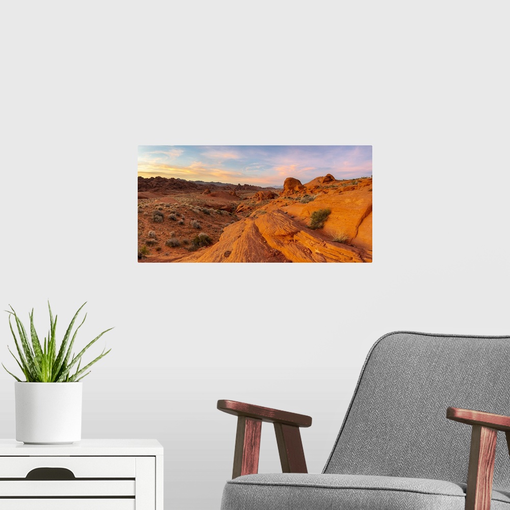 A modern room featuring Panoramic view of red rocks at White Domes area before sunset, Valley of Fire State Park, Nevada,...