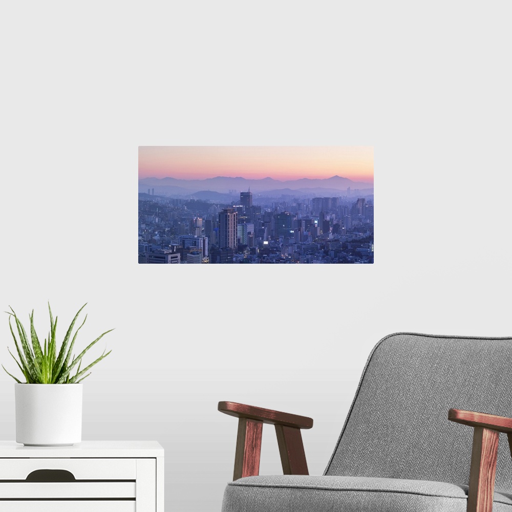 A modern room featuring View of Seoul at dawn, South Korea
