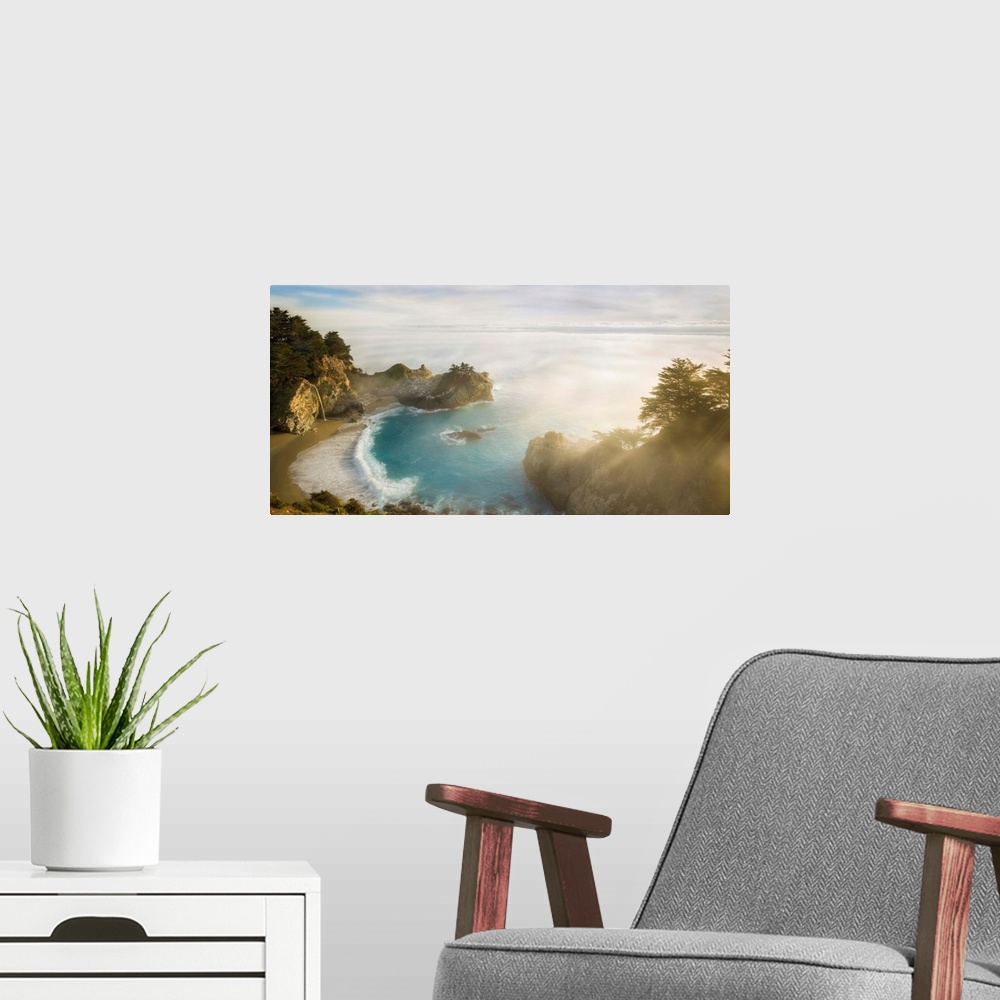 A modern room featuring Sun Sets Over McWay Falls In Big Sur, Julia Pfeiffer Burns State Park
