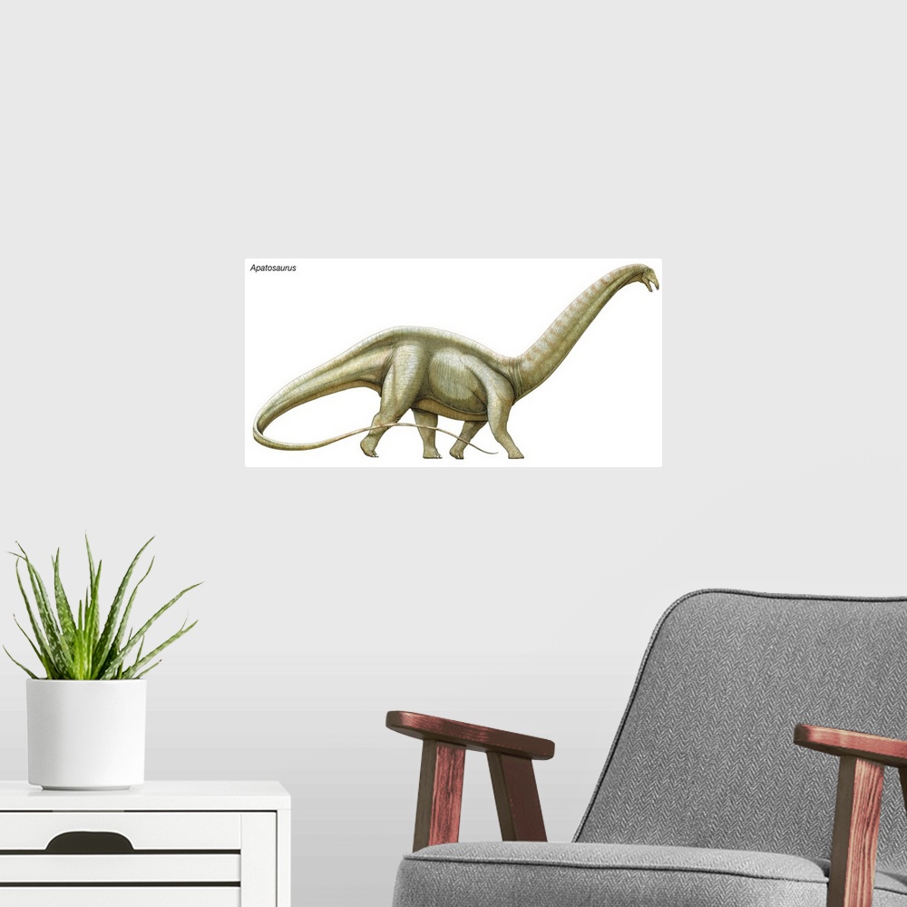 A modern room featuring An illustration from Encyclopaedia Britannica of the dinosaur Apatosaurus.