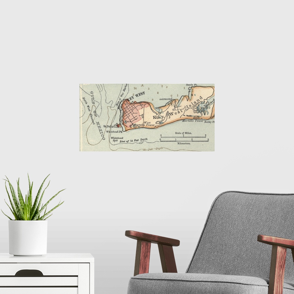 A modern room featuring Key West Island - Vintage Map