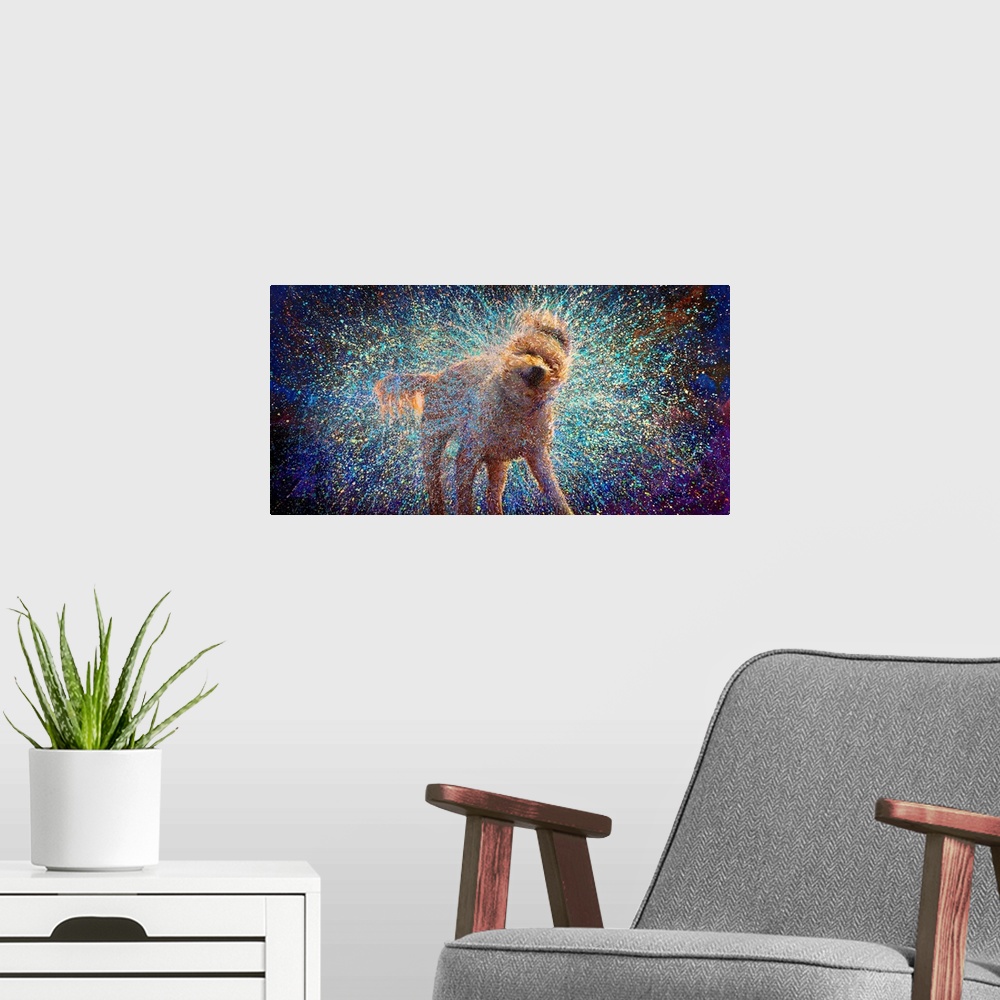 A modern room featuring Brightly colored contemporary artwork of a white dog shaking off water.