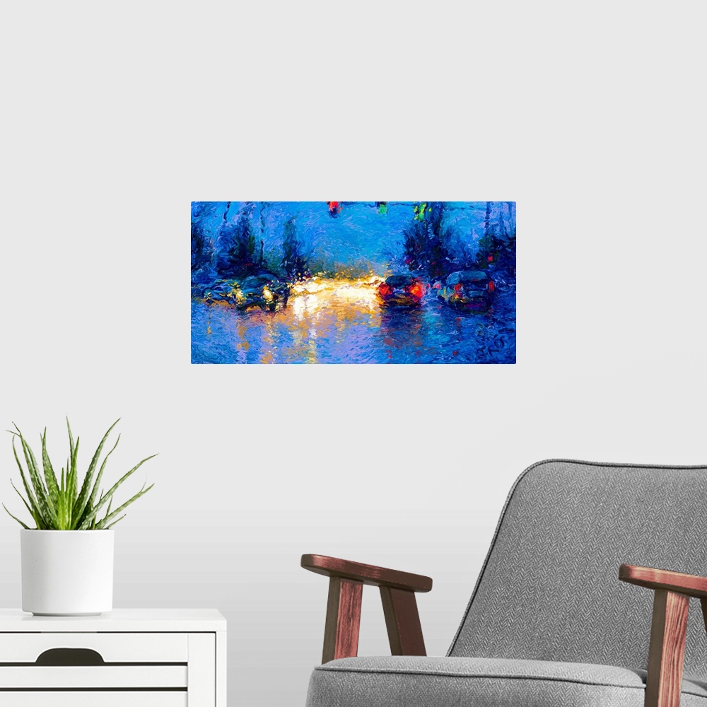 A modern room featuring Brightly colored contemporary artwork of a streetview of a greenlight.