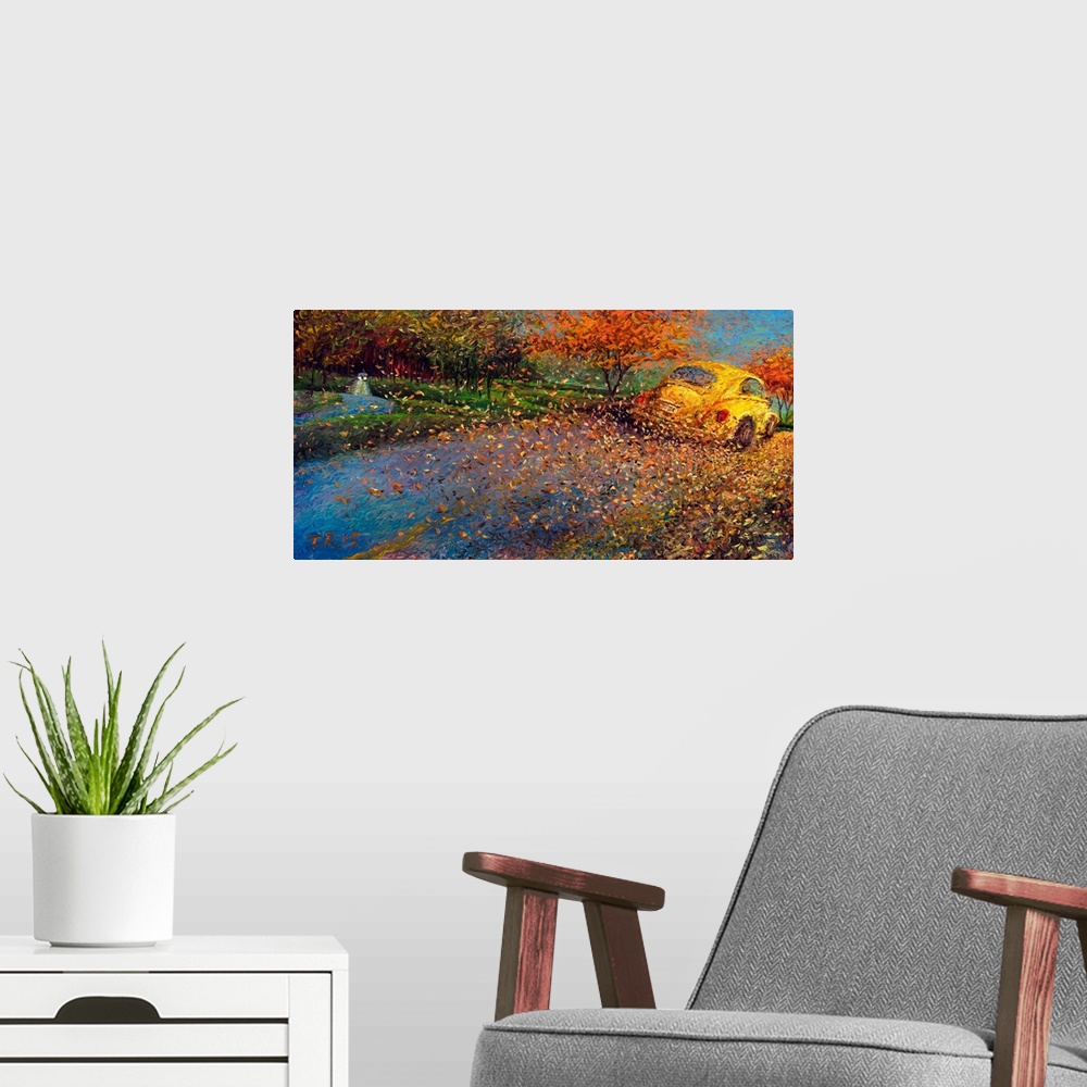 A modern room featuring Brightly colored contemporary artwork of a yellow Volkswagen traveling a leaf covered road.