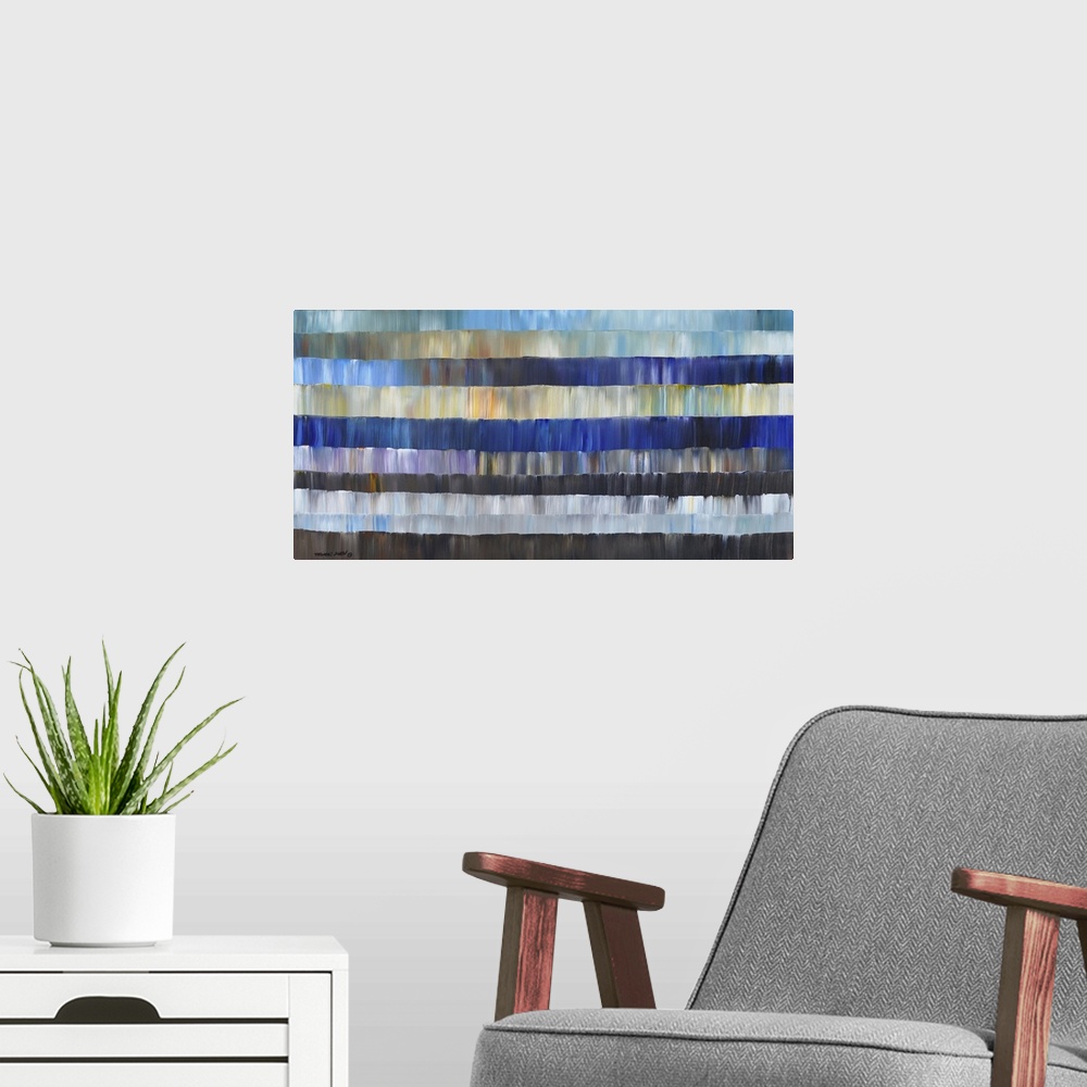 A modern room featuring Abstract artwork of layers in different shades of blue.