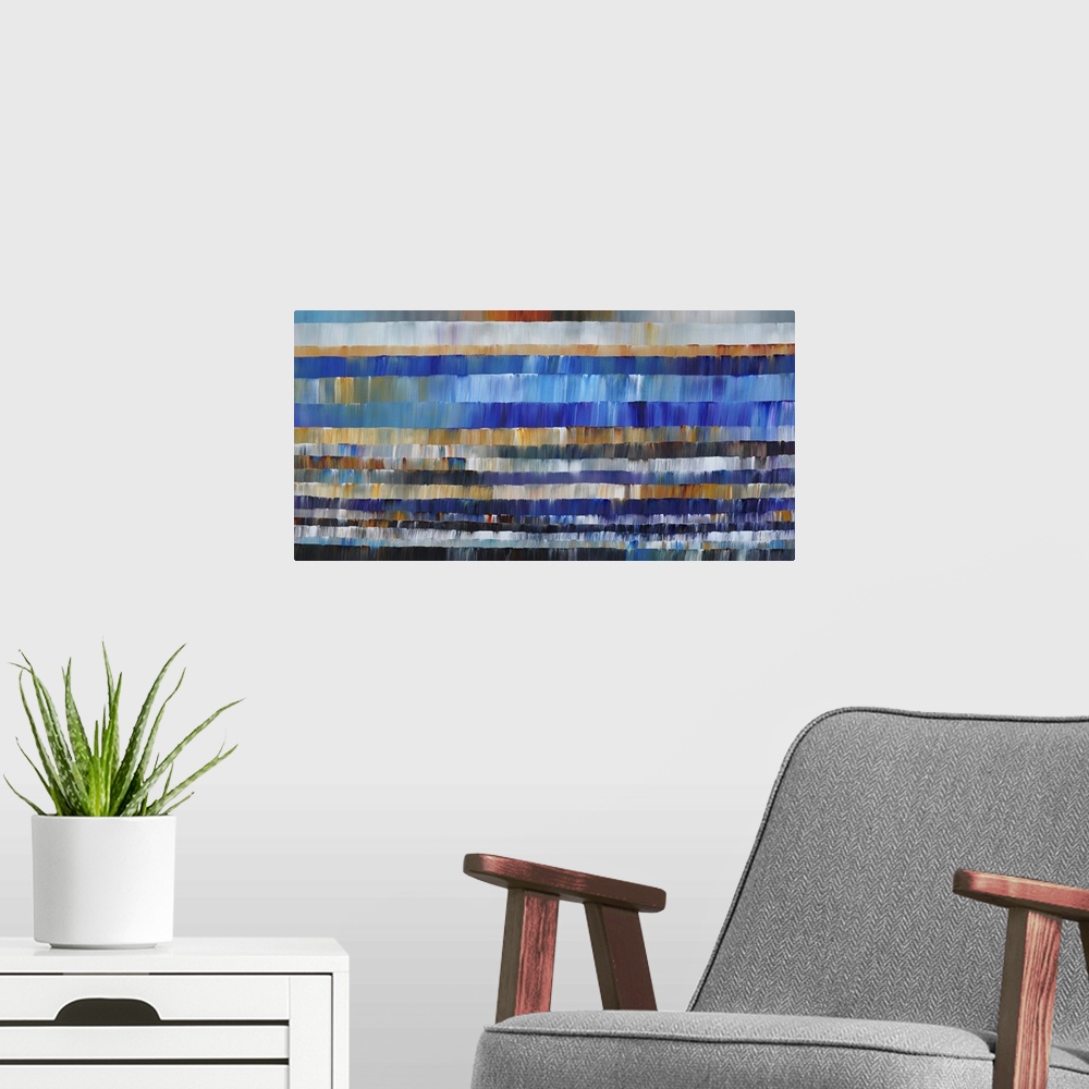 A modern room featuring Abstract painting in layers of blue tones.