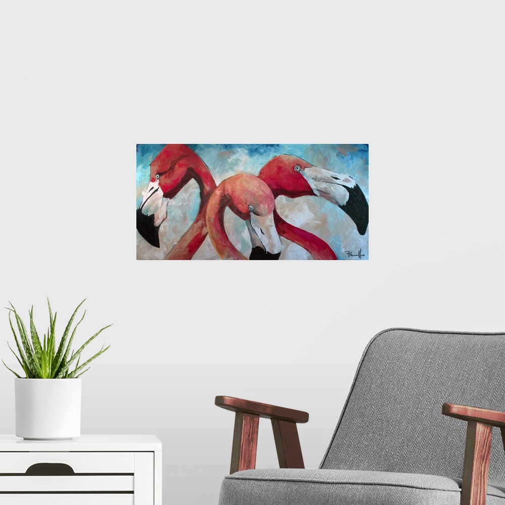 A modern room featuring Painting of three pink flamingos.
