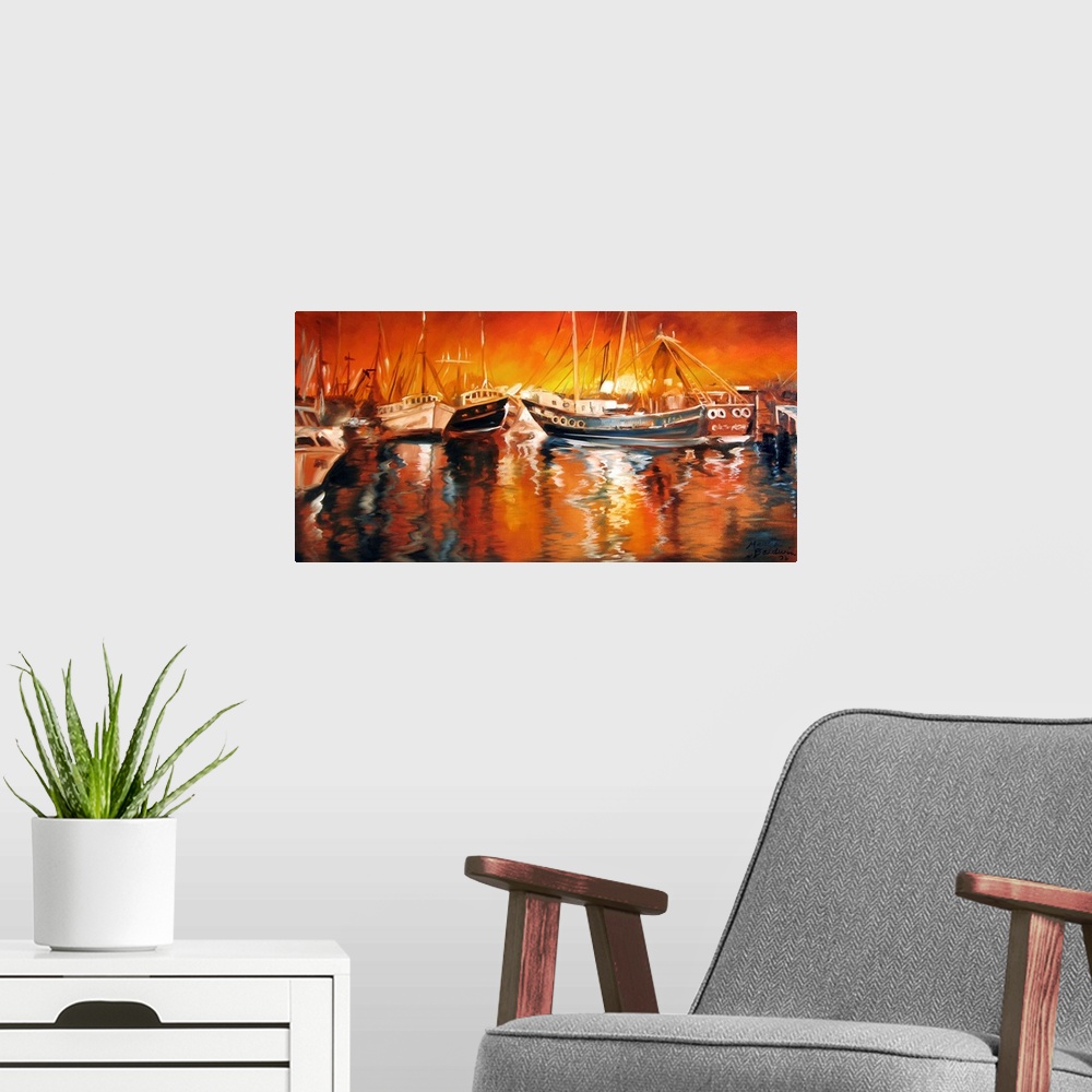 A modern room featuring Sunset waterscape of Louisiana, fishing boats at dusk.