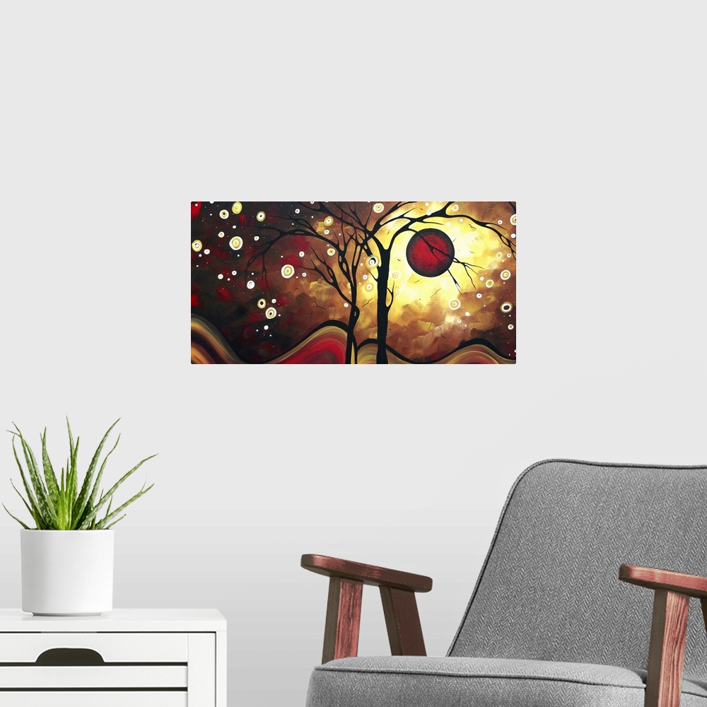 A modern room featuring Abstract artwork that has a silhouette of two trees with a deep red sun behind them and white cir...