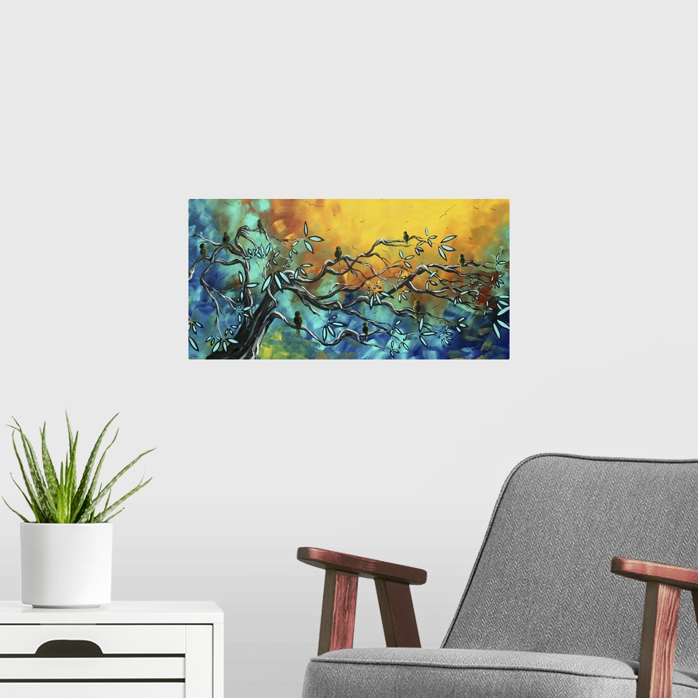 A modern room featuring Contemporary abstract panoramic painting of tree with long horizontal branches with leaves with c...