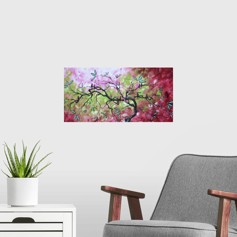 A modern room featuring Panoramic painting of branched tree with leaves and abstract background.