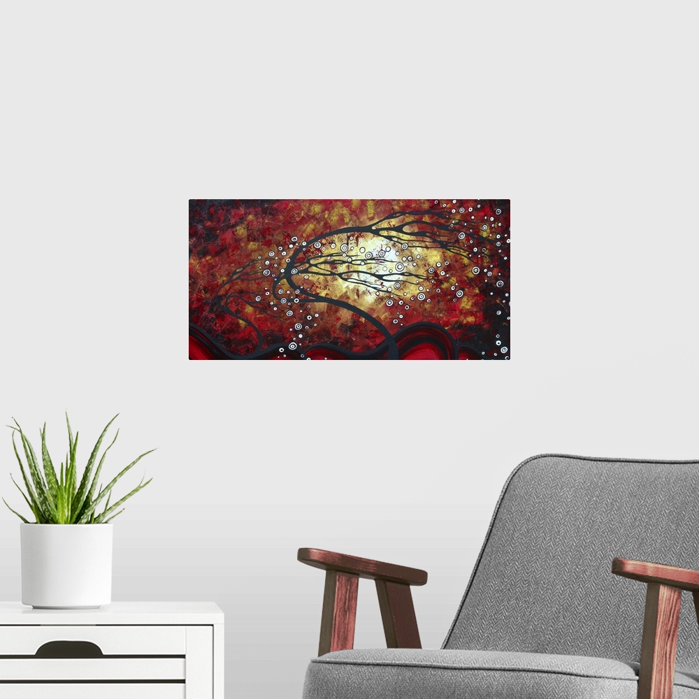 A modern room featuring This decorative accent for the home or office is an abstract painting of a surreal tree bending i...