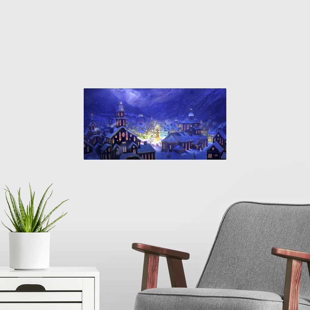A modern room featuring Contemporary artwork of a snowy mountain village illuminated by the Christmas put up by the town.