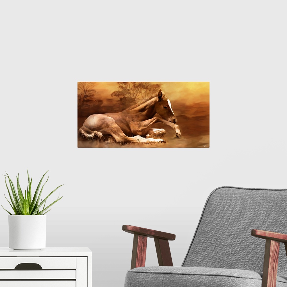 A modern room featuring Contemporary animal art of a foal laying peacefully on the ground.