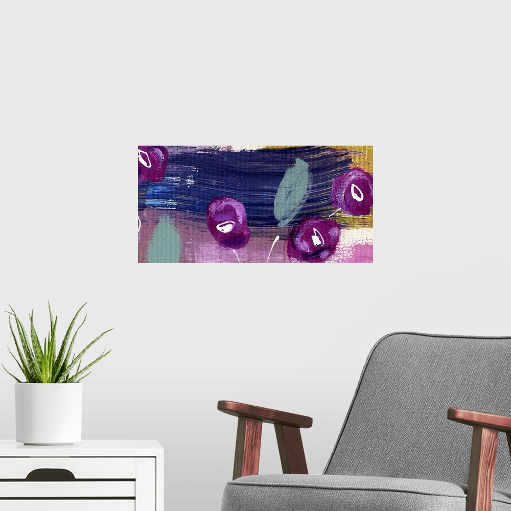 A modern room featuring Contemporary vibrant colorful painting using purple and pink tones with flowers and abstract elem...