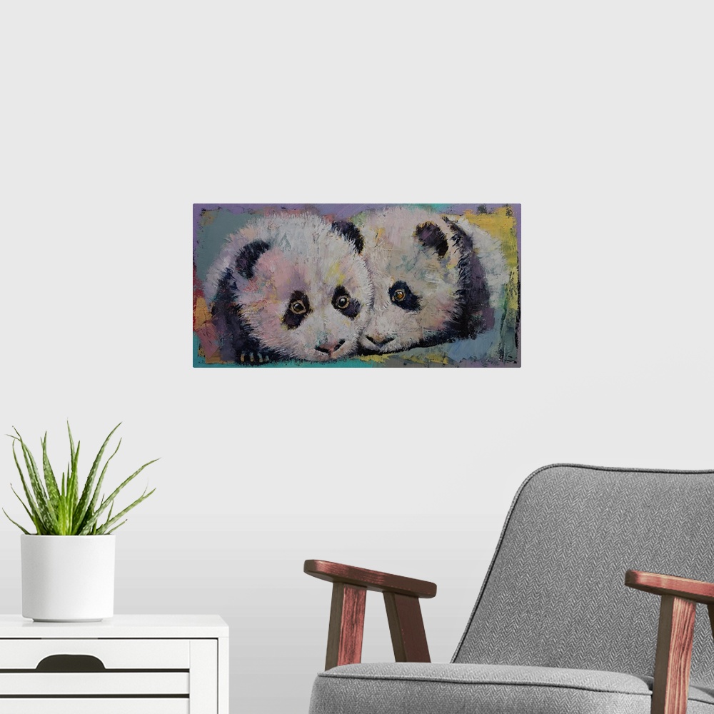 A modern room featuring A contemporary painting of a cute panda bear cub against a colorful background.