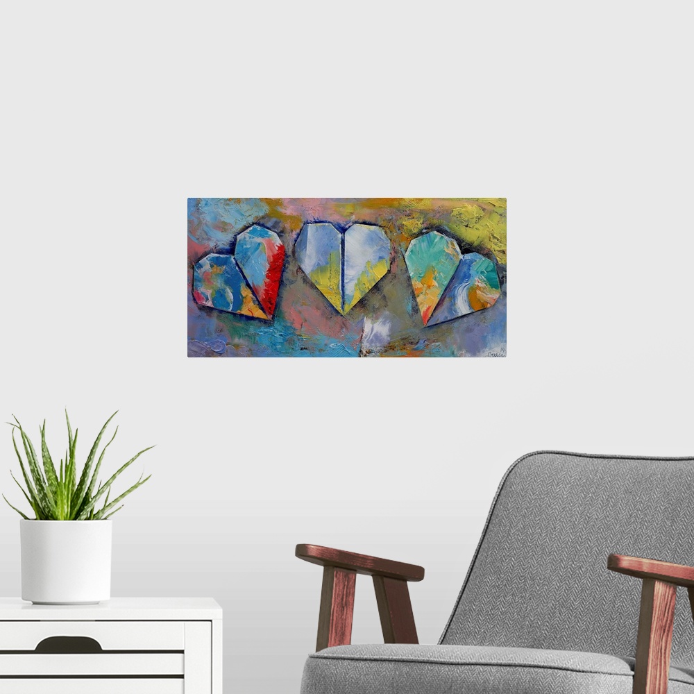 A modern room featuring A contemporary painting of origami hearts.
