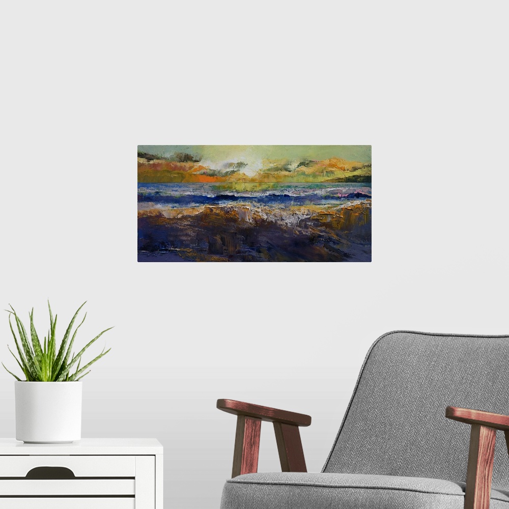 A modern room featuring A contemporary painting of a seascape.