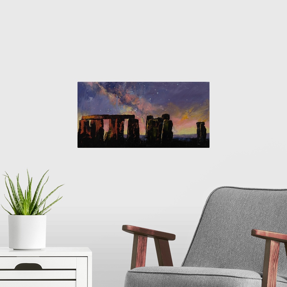 A modern room featuring A contemporary painting of a silhouetted Stonehenge under a sunset sky.