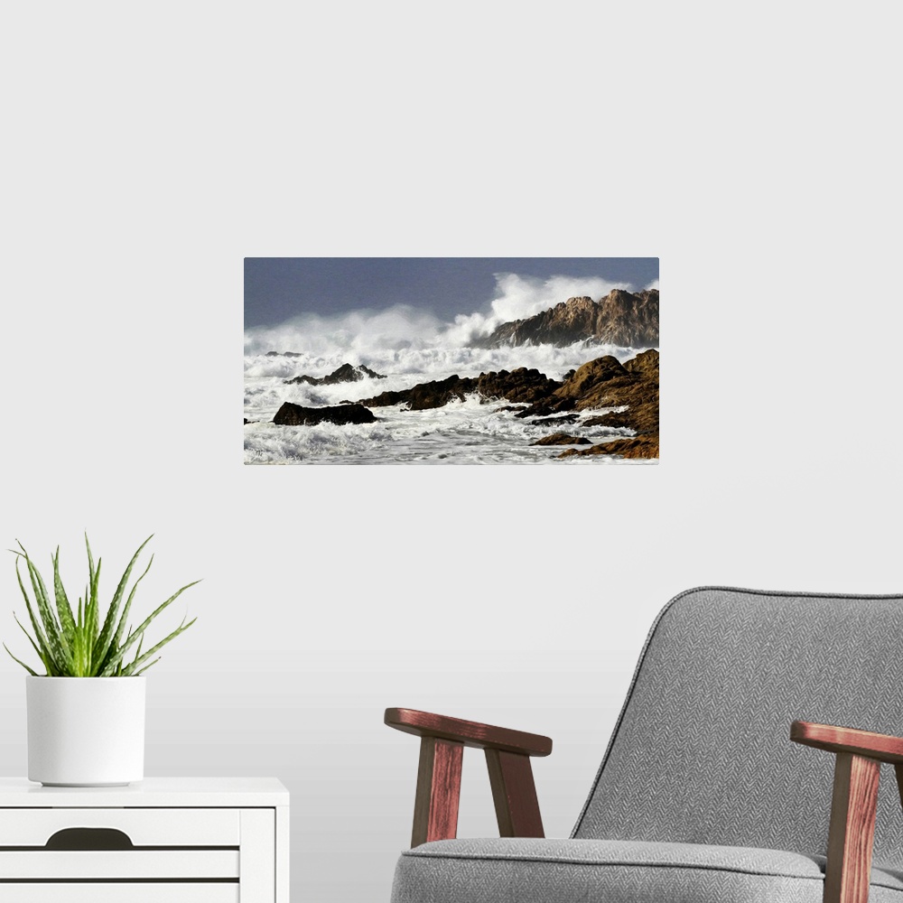 A modern room featuring A powerful wave explodes over Bird Rock in Pebble Beach. Coastal birds and sea lions that often r...