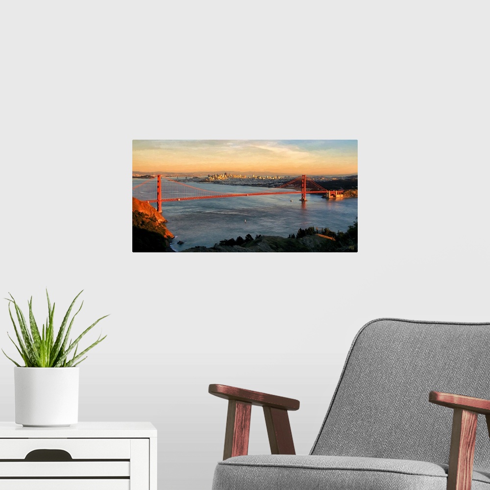 A modern room featuring A view of the spectacular Golden Gate Bridge from the crest of a hill in the Marin Headlands. A s...