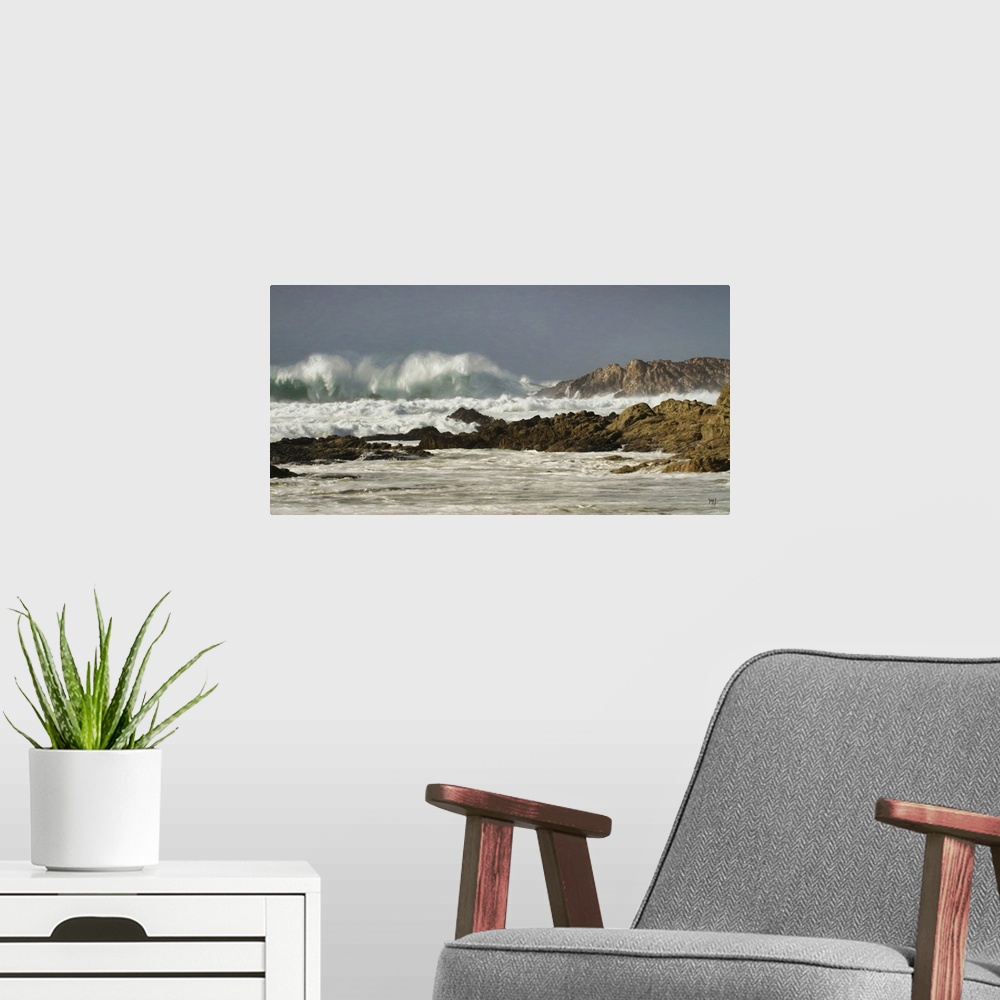 A modern room featuring A stunning wave crashes next to Bird Rock, a popular site along the 17 Mile Drive in Pebble Beach...