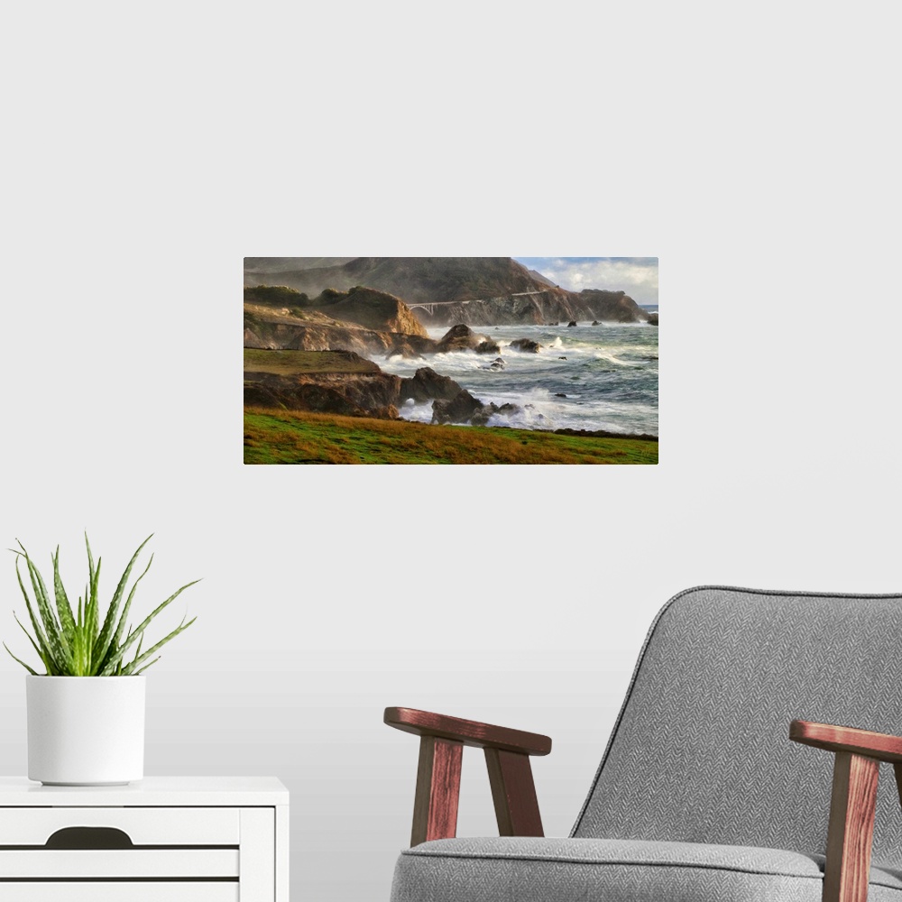 A modern room featuring A breathtaking panorama of the Big Sur coastline between Rocky Point and the distant Rocky Creek ...