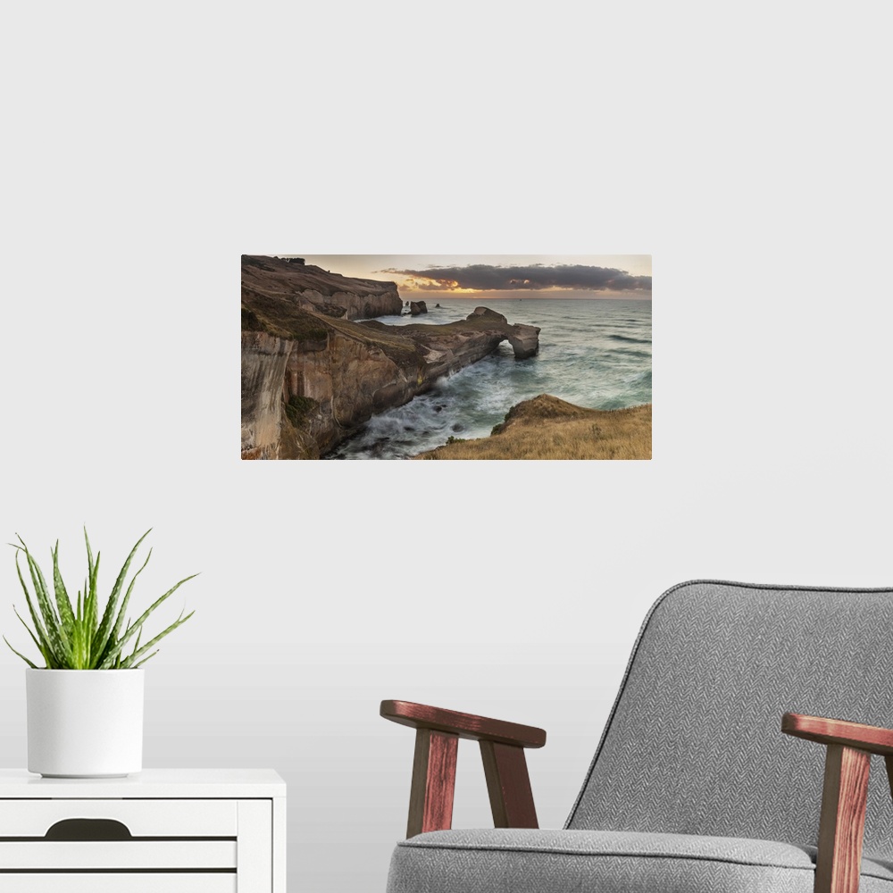 A modern room featuring Coastal cliffs, Tunnel Beach, Otago Peninsula, Otago, New Zealand.