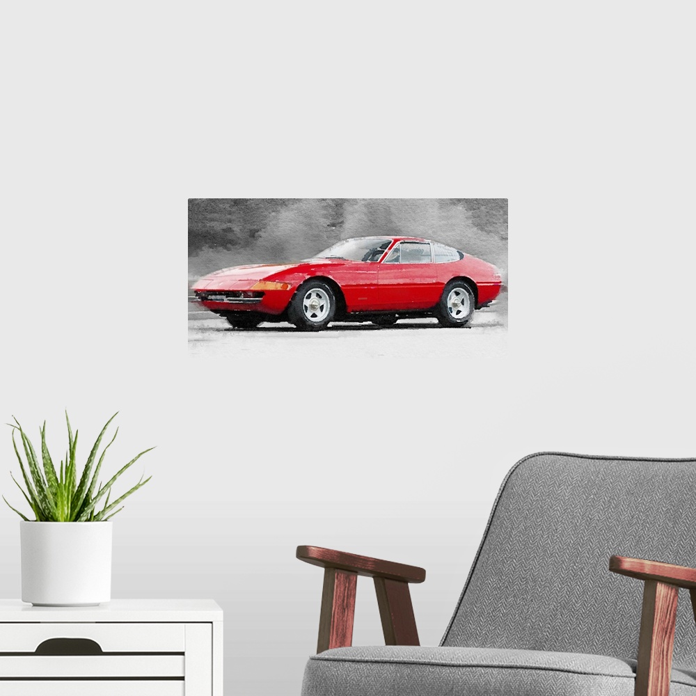 A modern room featuring 1968 Ferrari 365 GTB4 Daytona Watercolor